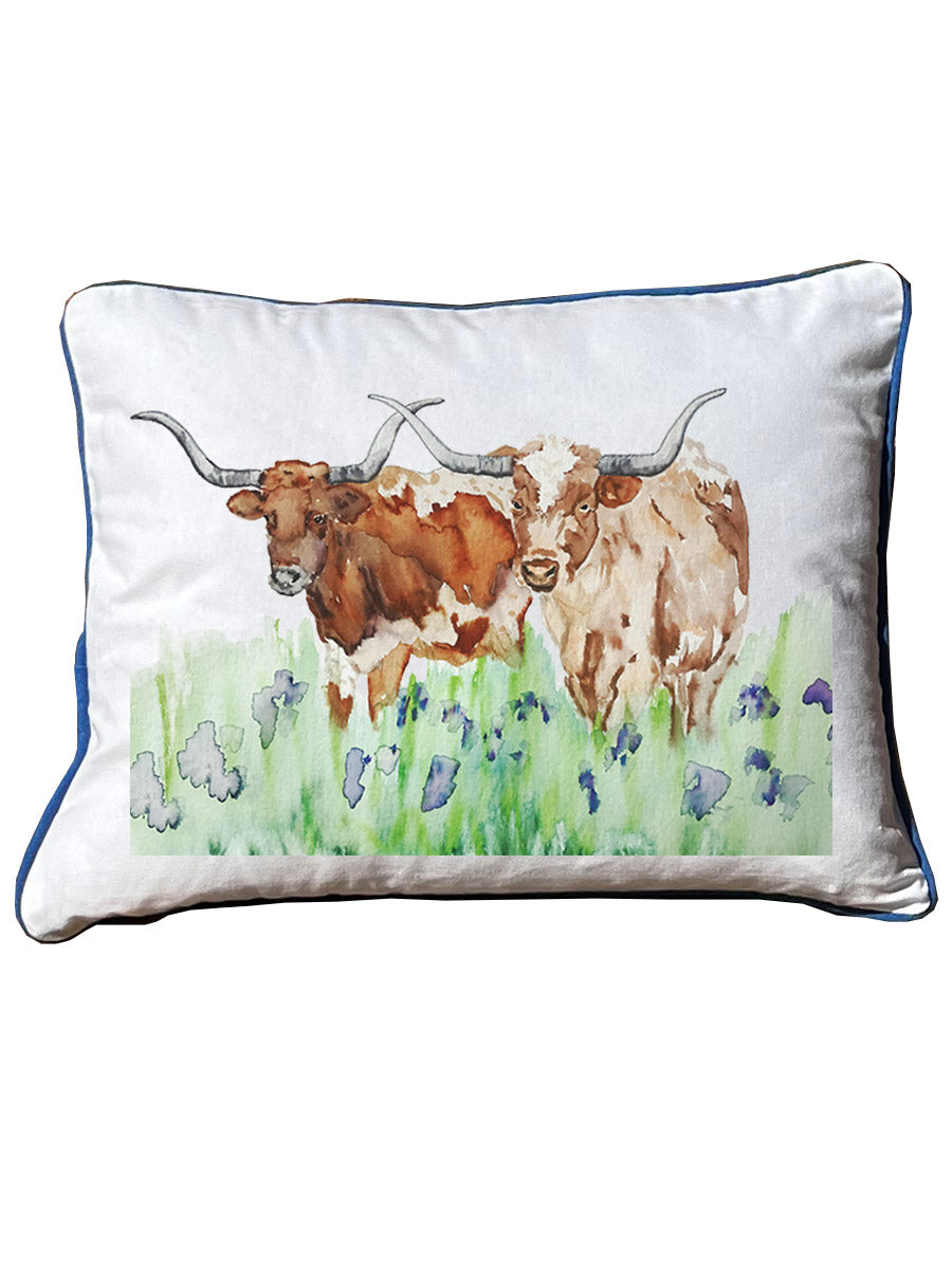 Longhorns in Bluebonnets White Rectangle -  Square Pillow with Piping