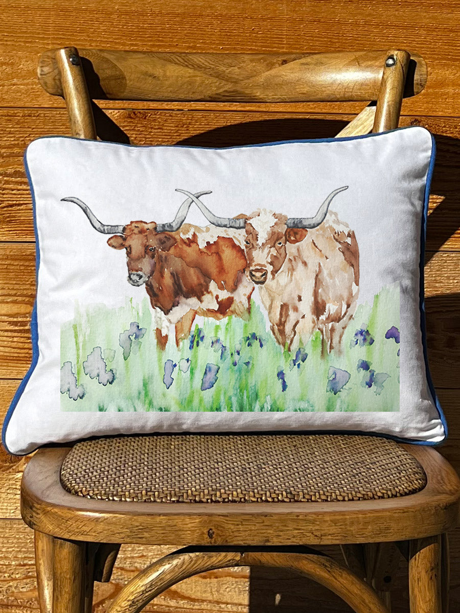 Longhorns in Bluebonnets White Rectangle -  Square Pillow with Piping