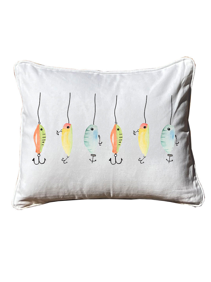 Fishing Lures White Rectangular Pillow with Piping