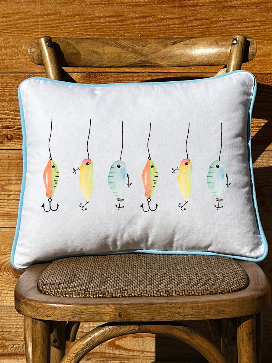 Fishing Lures White Rectangular Pillow with Piping