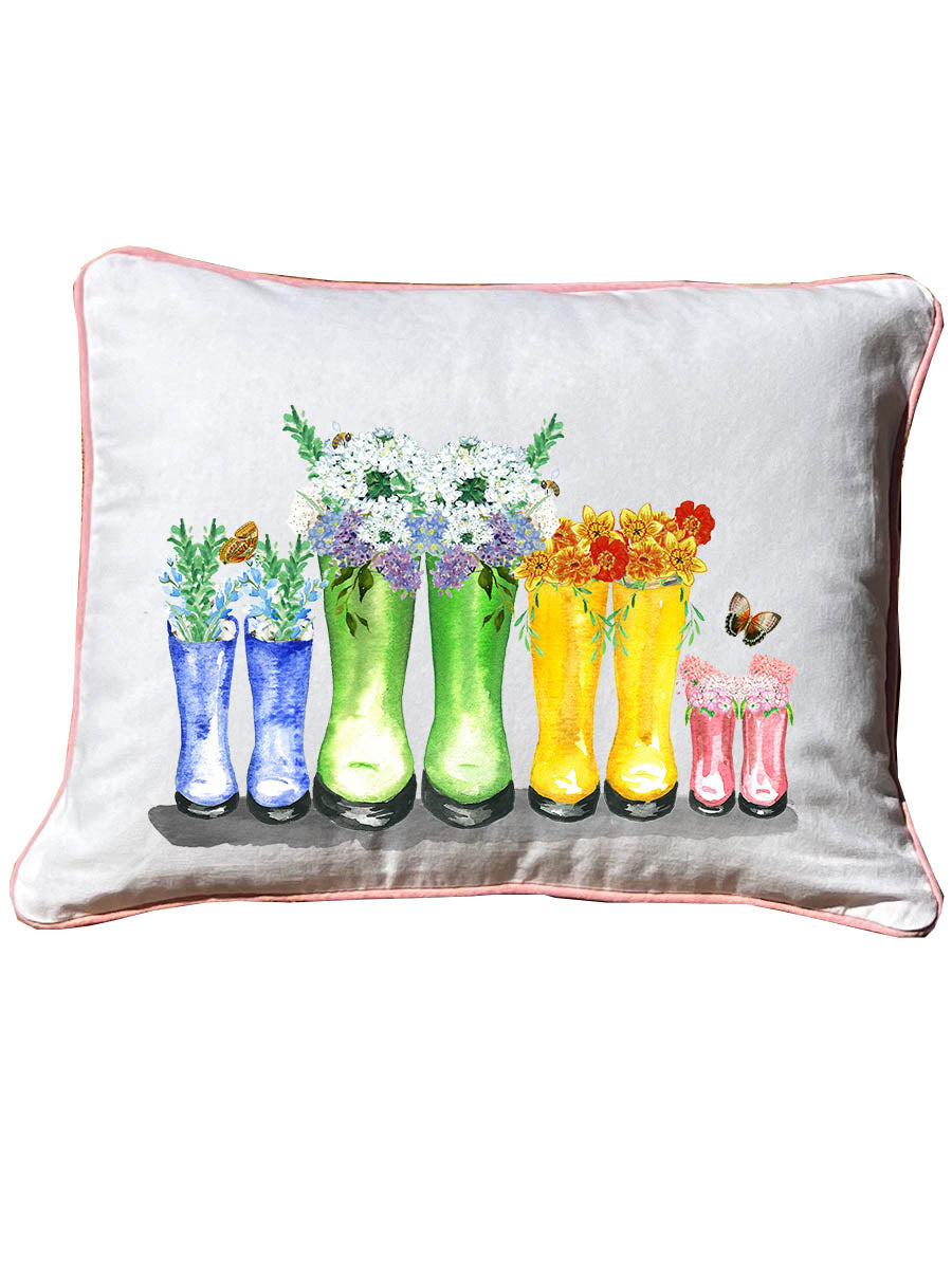 Multi floral boots White Rectangular Pillow with Piping