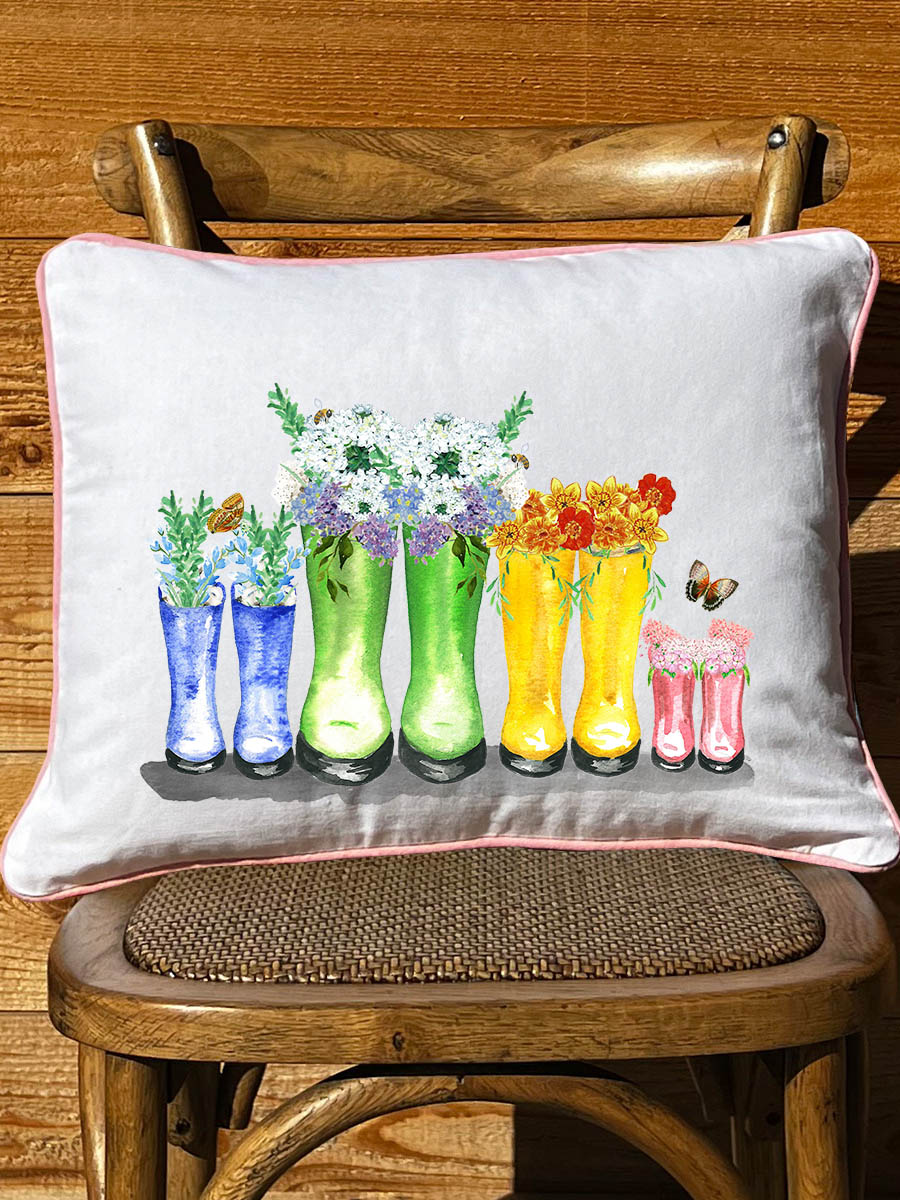 Multi floral boots White Rectangular Pillow with Piping