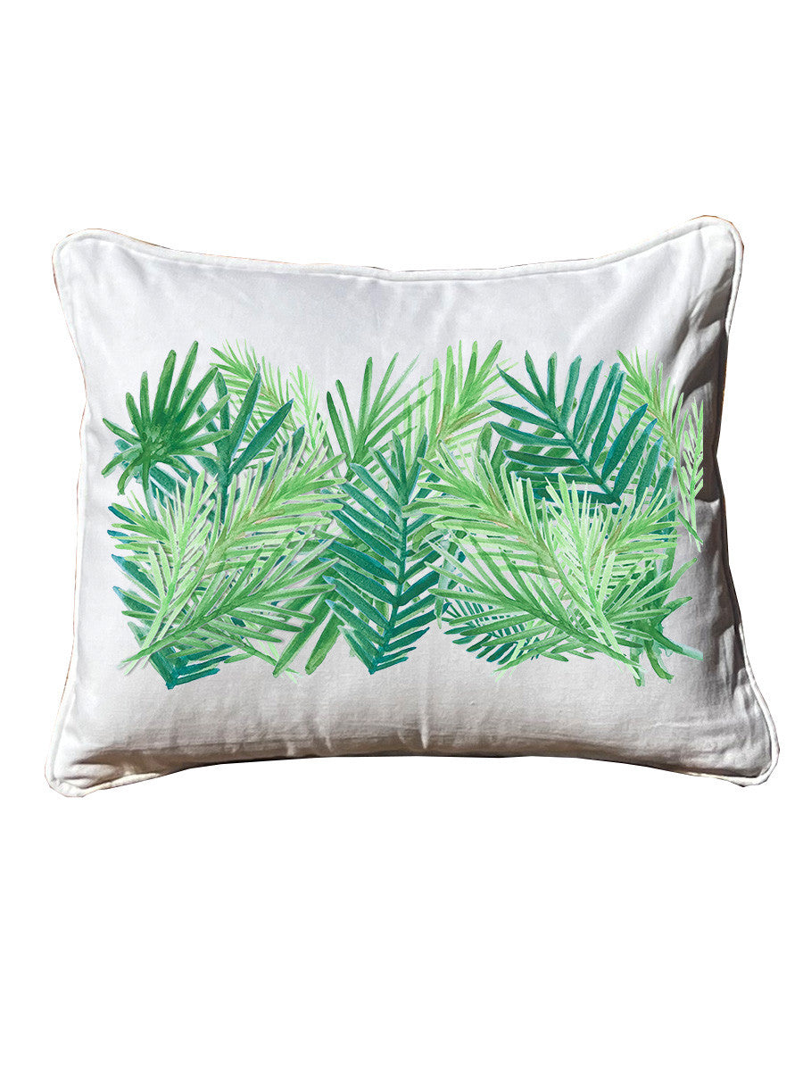 Palm Fronds Collage Rectangular White Pillow with Piping