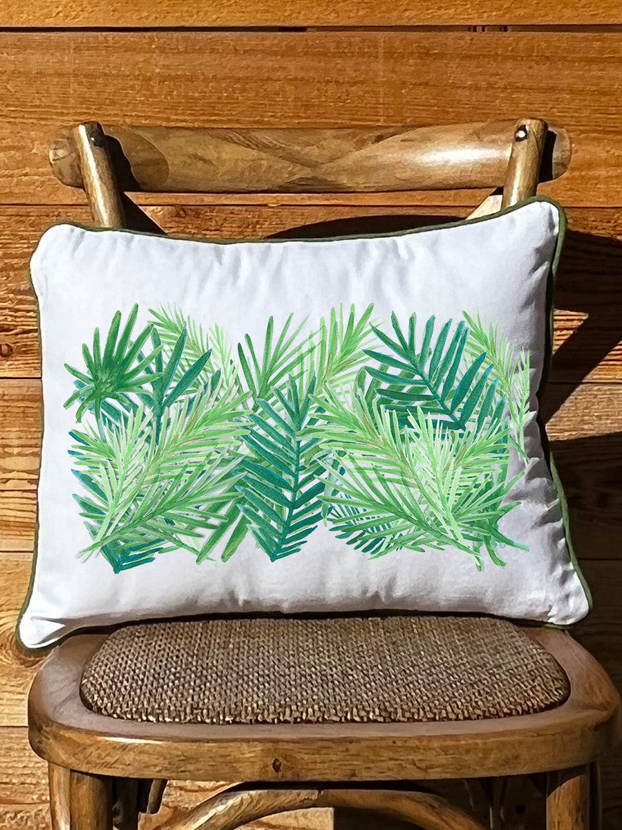 Palm Fronds Collage Rectangular White Pillow with Piping