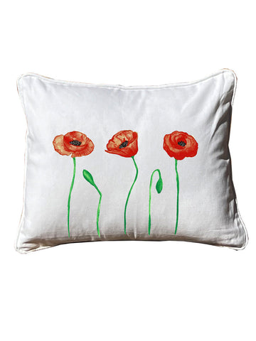 Poppies  Rectangular White Pillow with Piping