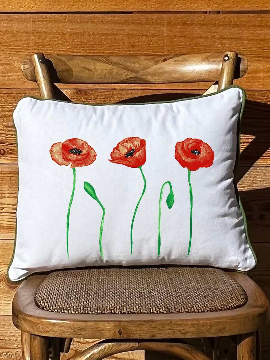 Poppies White Rectangular Pillow with Piping
