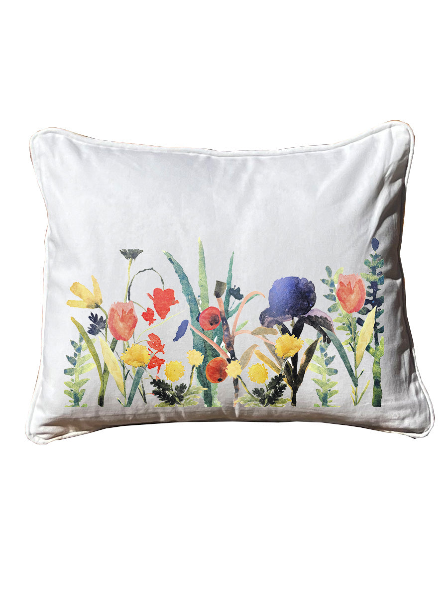 Ralph Mobery Floral White Rectangular Pillow with Piping