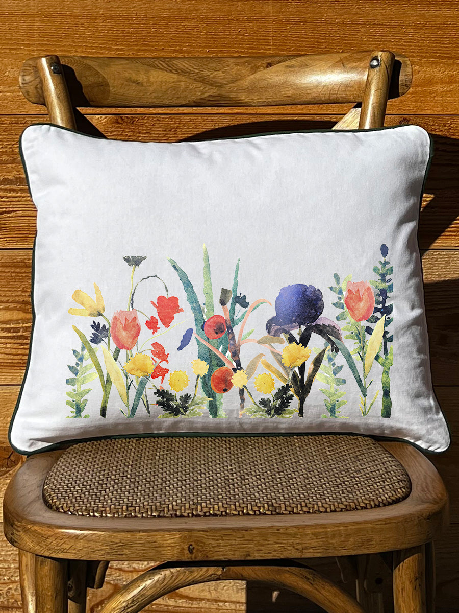 Ralph Mobery Floral White Rectangular Pillow with Piping