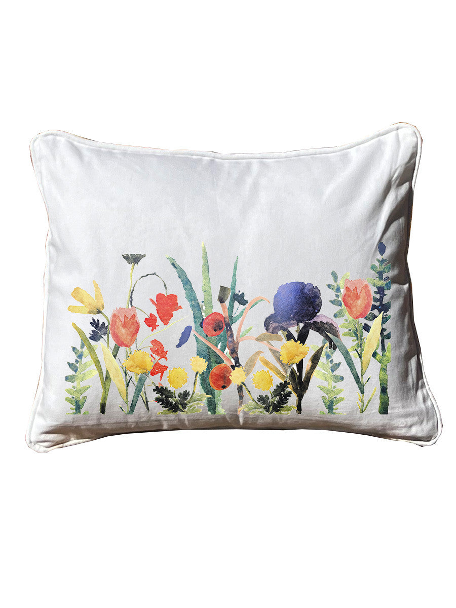 Ralph Moberly Floral  Rectangular White Pillow with Piping