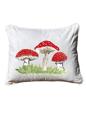 Red Mushroom Trio  Rectangular White Pillow with Piping