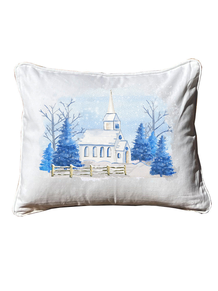 Snowy Blue Church White Rectangular - Square Pillow with Piping