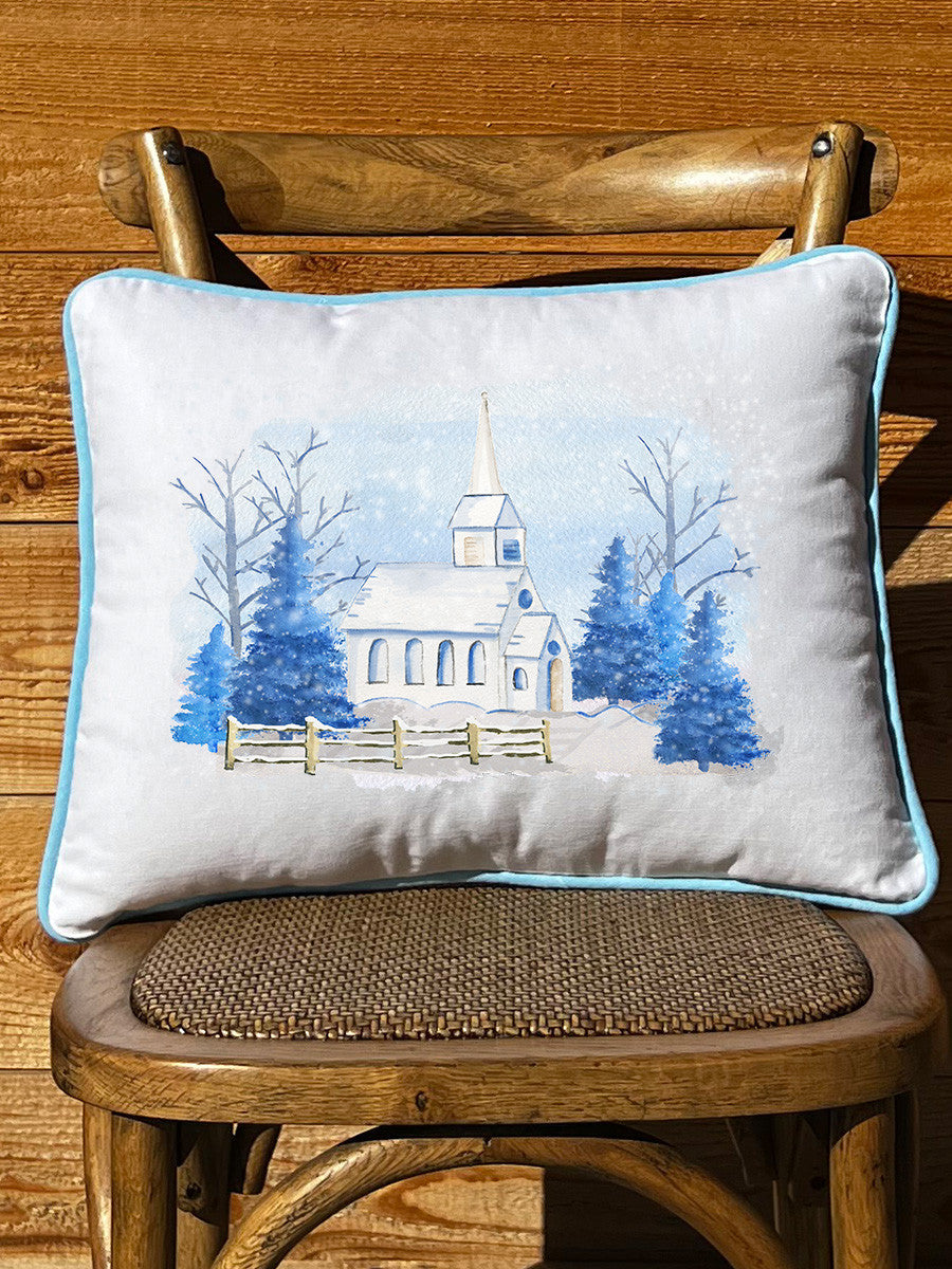 Snowy Blue Church White Rectangular - Square Pillow with Piping
