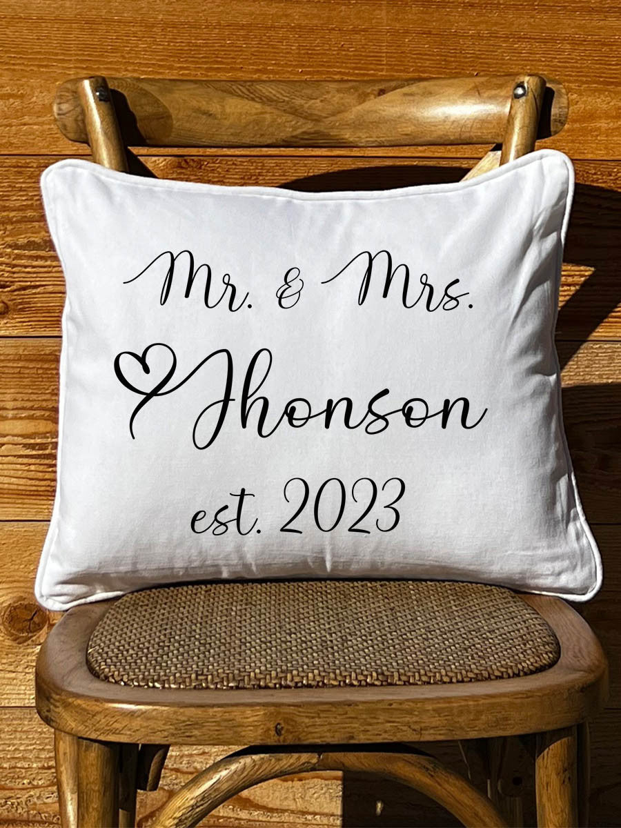 Mr. and Mrs. (Your Name)  Rectangular White Pillow with Piping