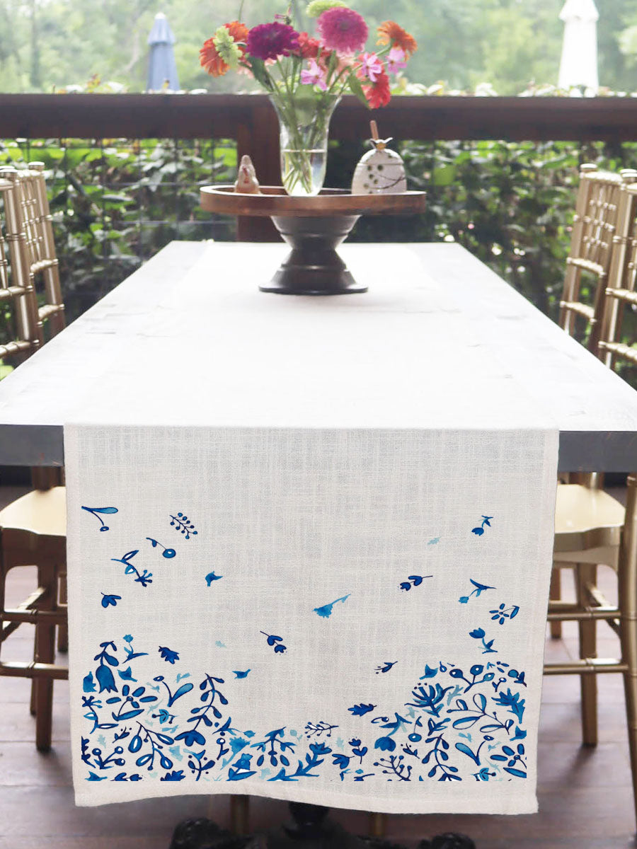 Blue Watercolor Flowers Runner