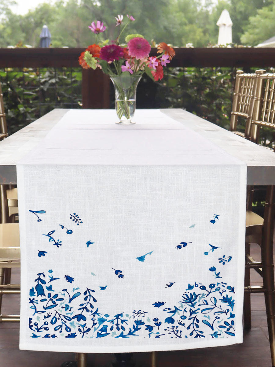 Blue Watercolor Flowers Runner