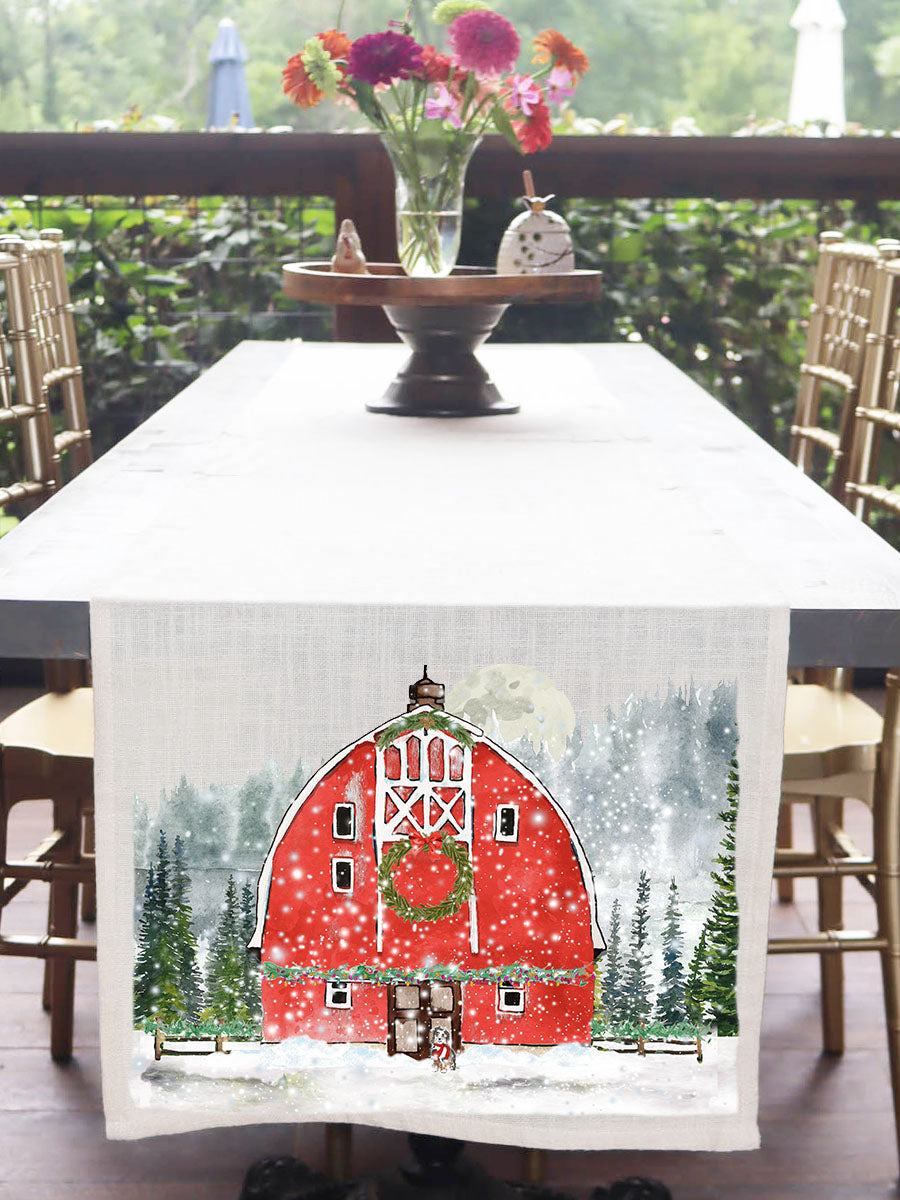 Snowy Red Barn Table Runner