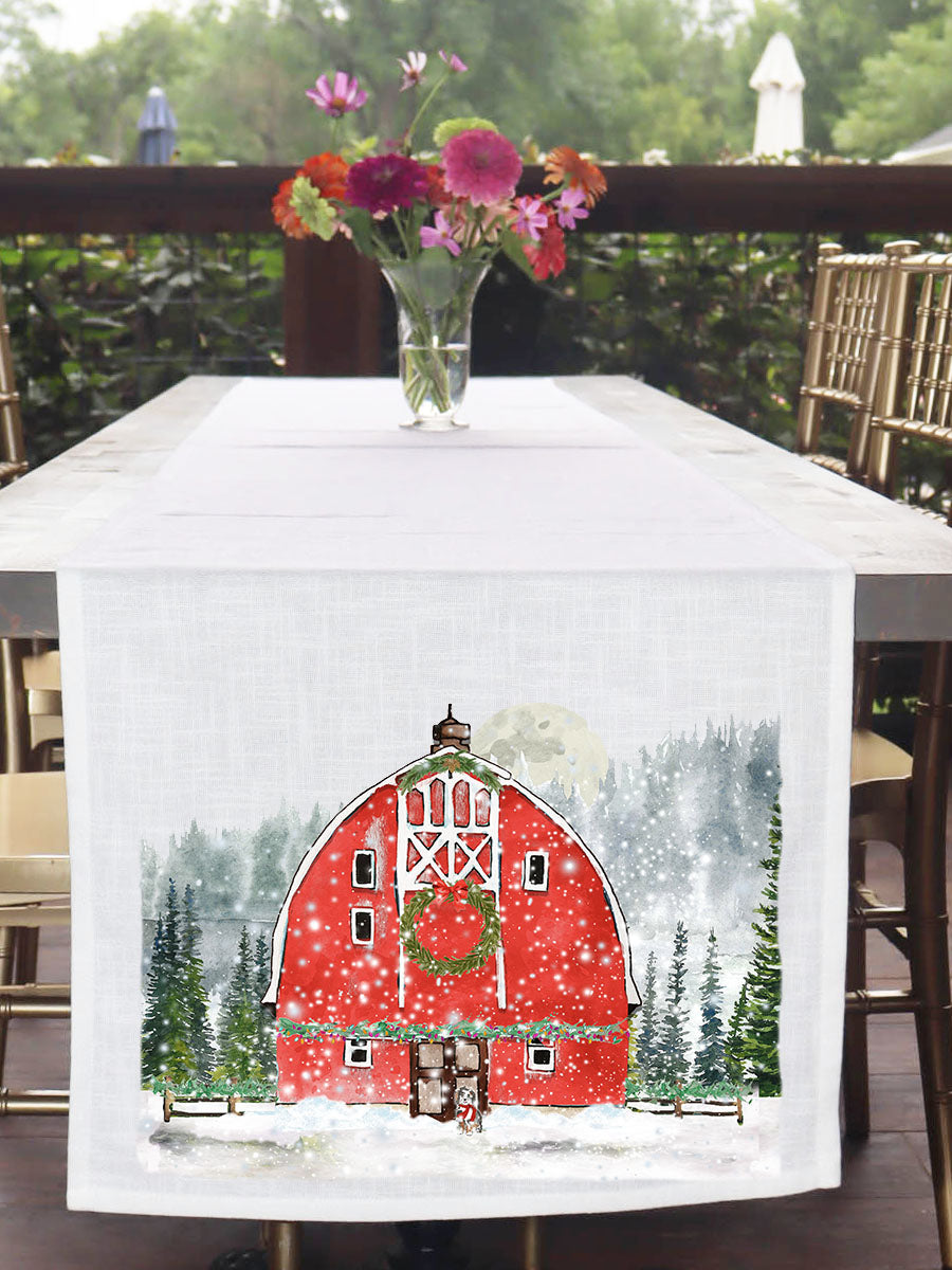 Snowy Red Barn Table Runner