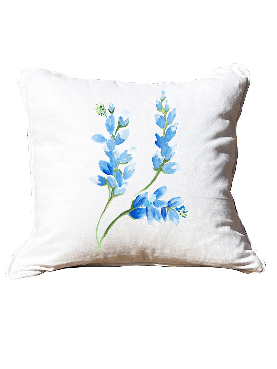 Bluebonnets White Square Pillow with Piping