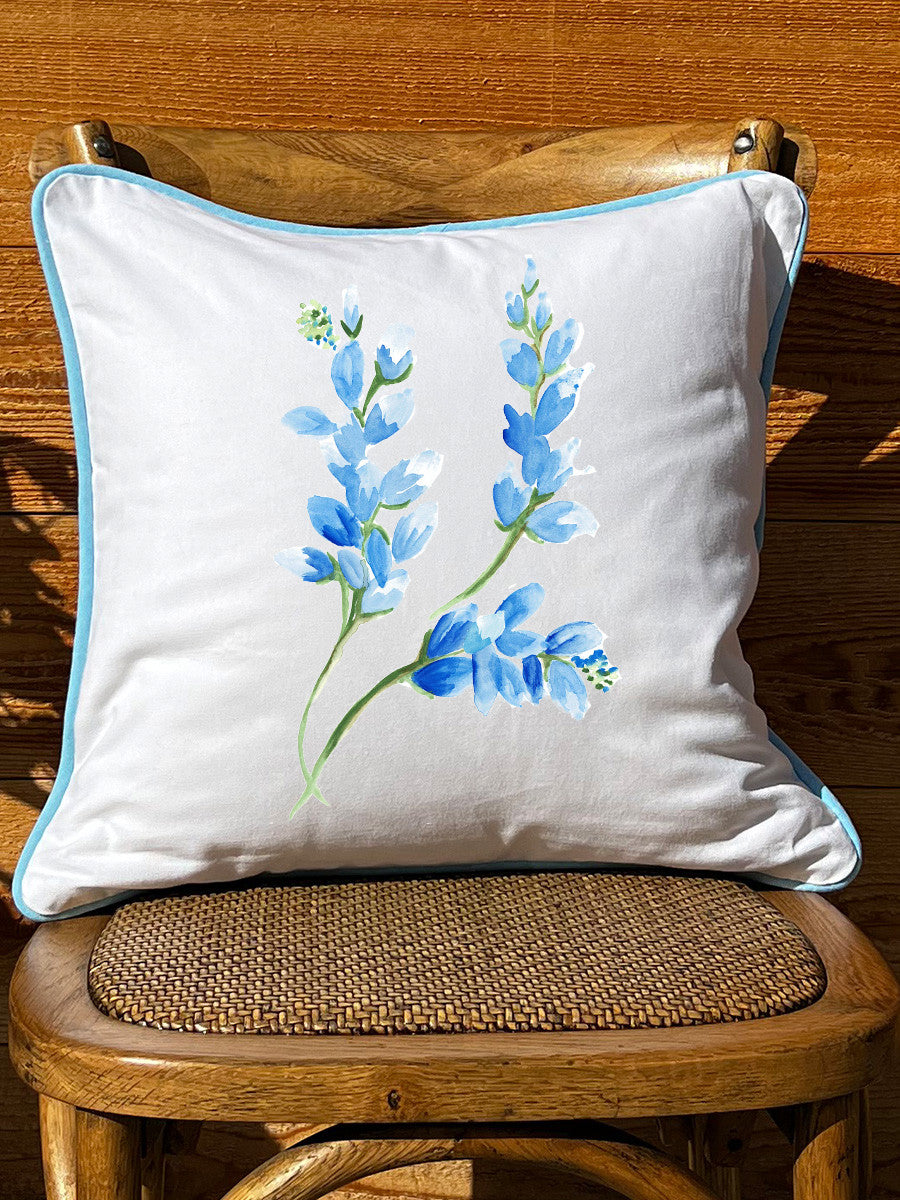 Bluebonnets White Square Pillow with Piping