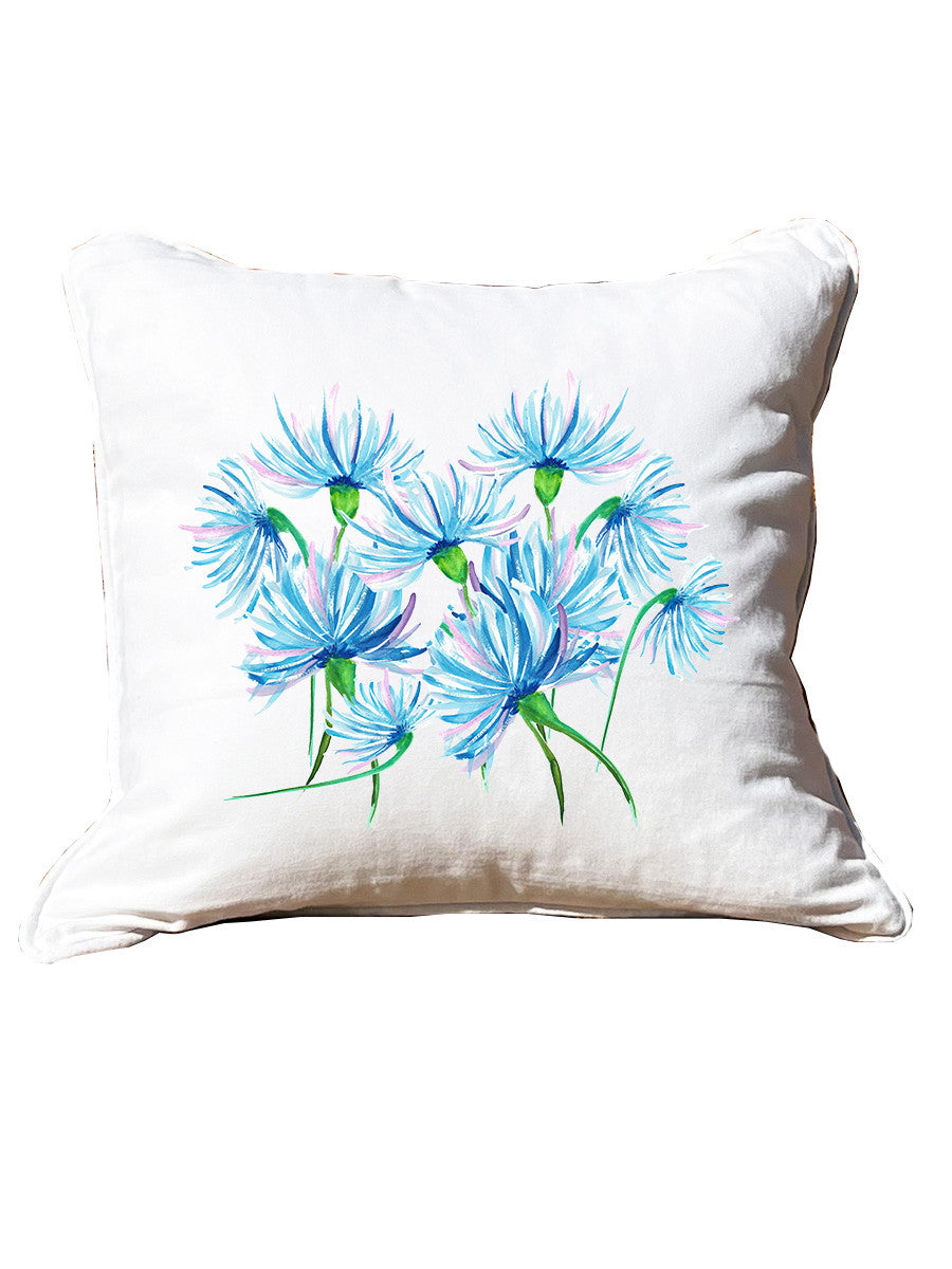 Blue Fluffy Flowers White Square Pillow with Piping