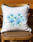 Blue Fluffy Flowers White Square Pillow with Piping
