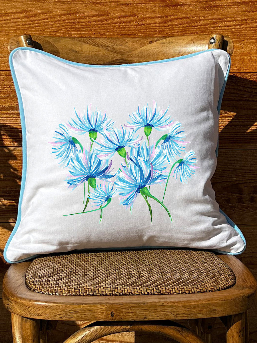 Blue Fluffy Flowers White Square Pillow with Piping