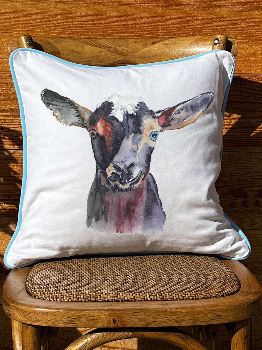 Black Goat White Square Pillow with Piping