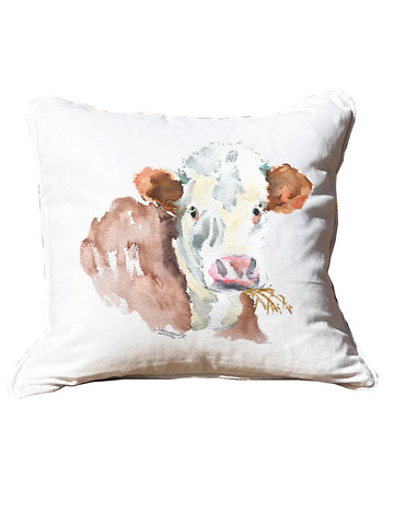Brown and White Cow White Square Pillow with Piping