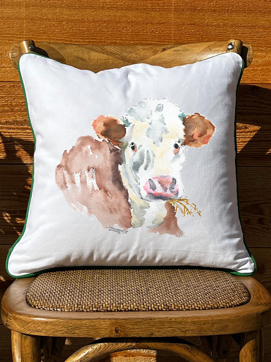 Brown and White Cow White Square Pillow with Piping