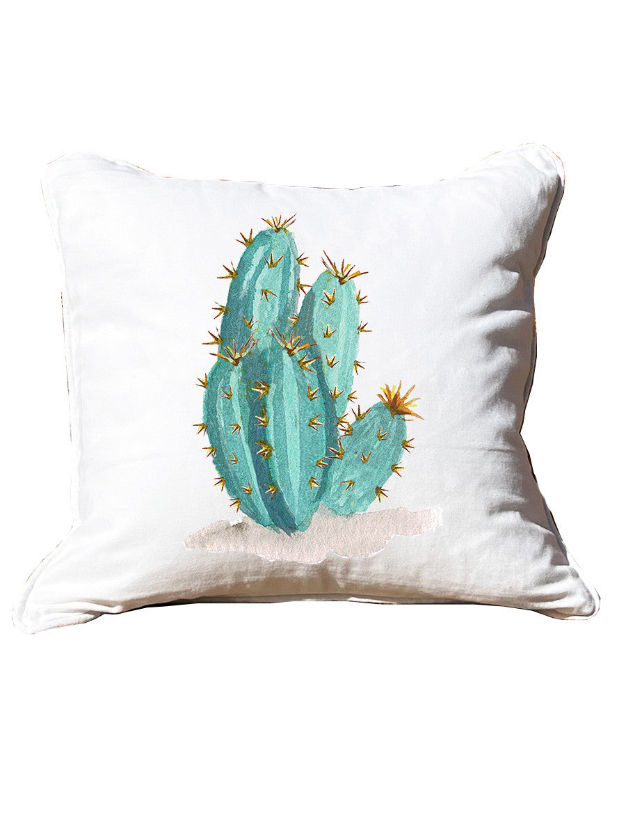 Flowering Cactus White Square Pillow with Piping