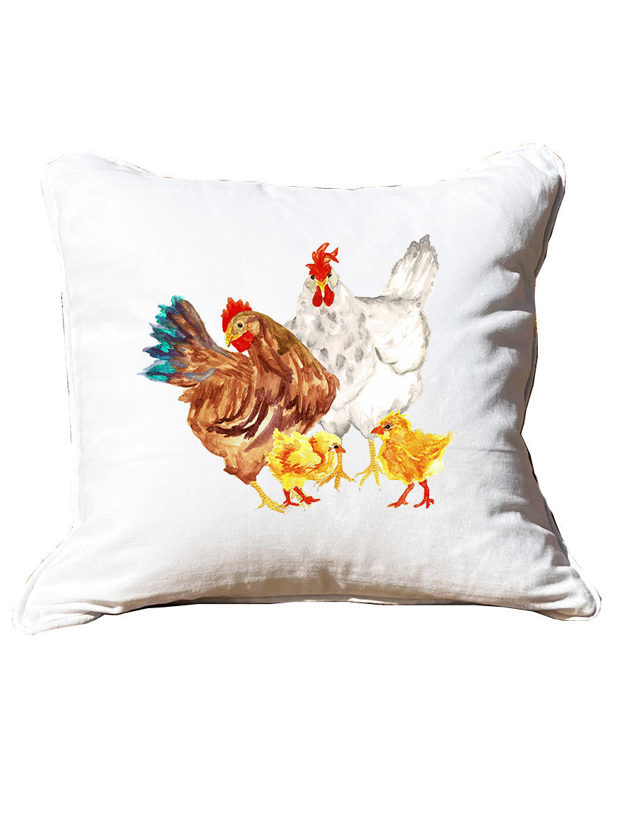 Chicken Family White Square Pillow with Piping