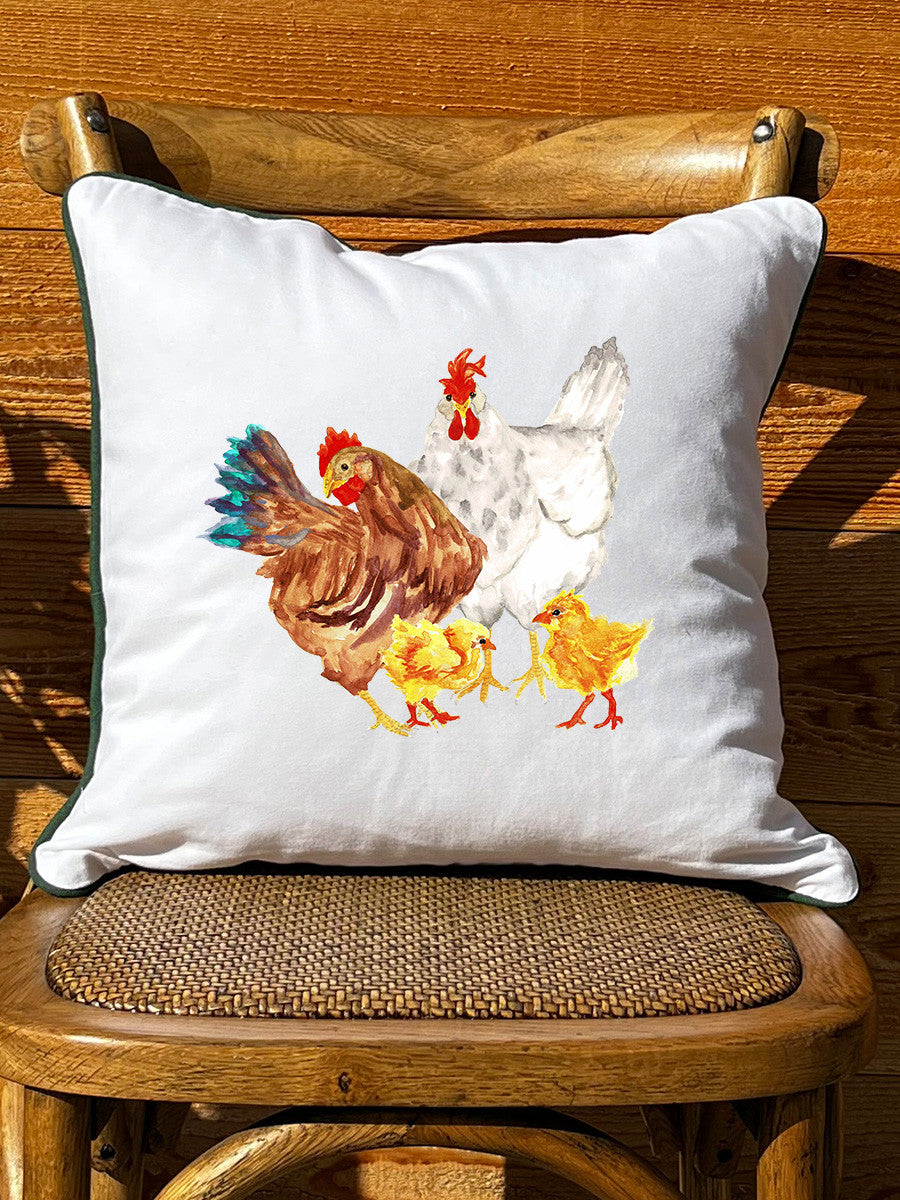 Chicken Family White Square Pillow with Piping