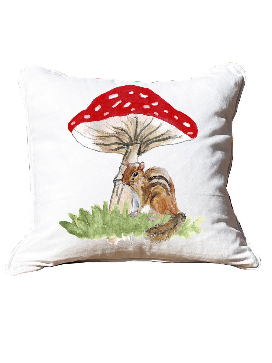 Chipmunk & Mushroom White Square Pillow with Piping