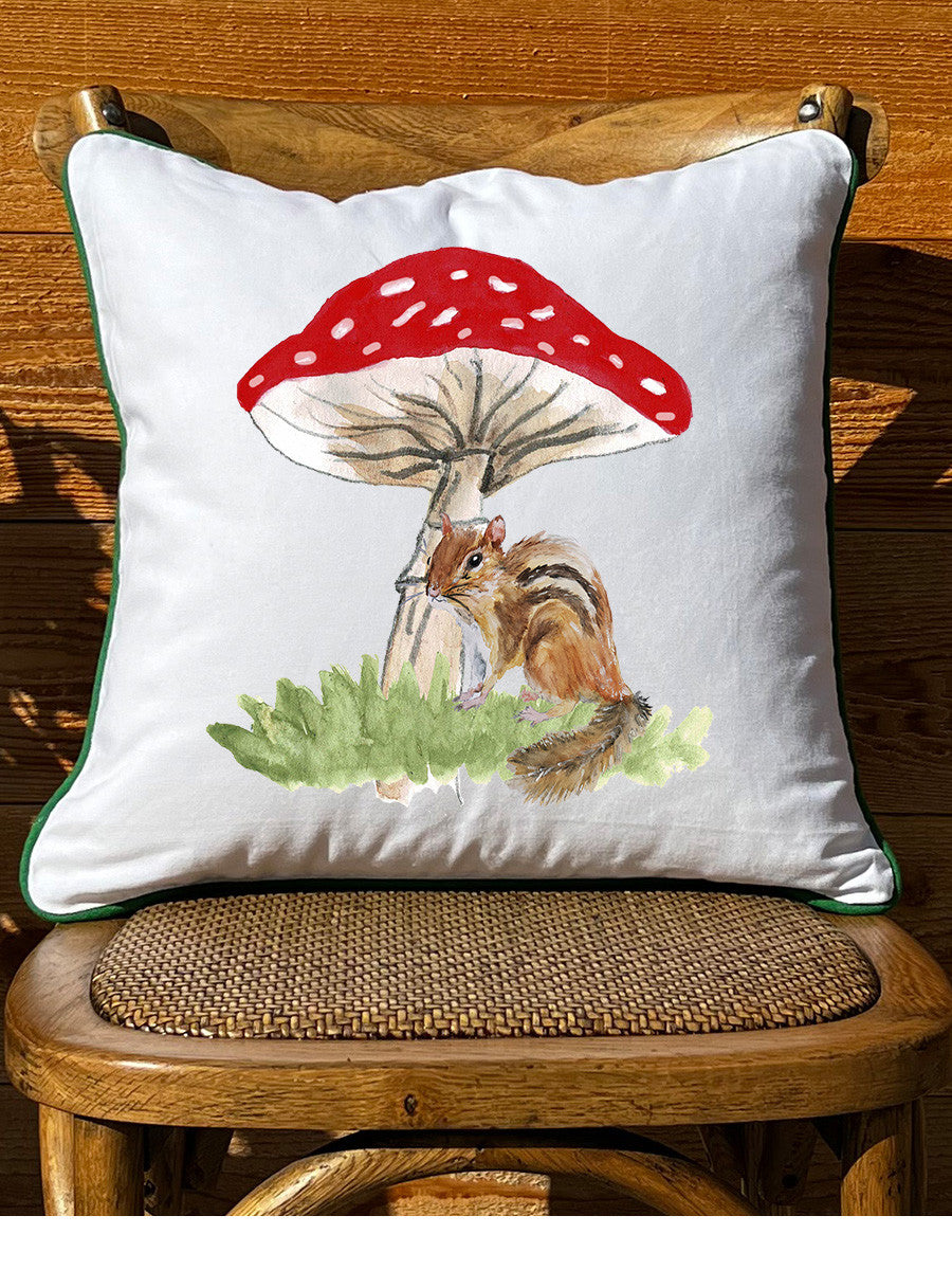 Chipmunk & Mushroom White Square Pillow with Piping