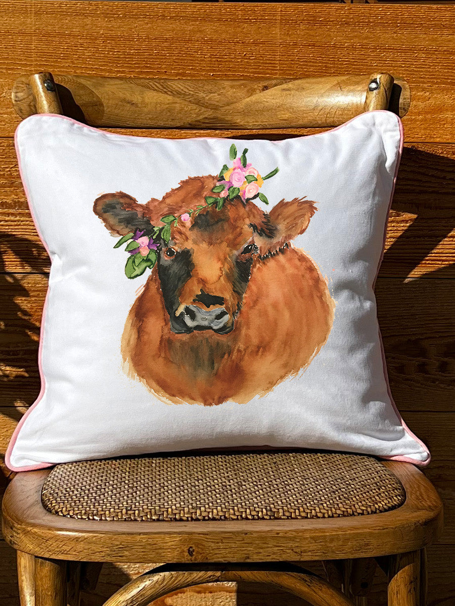 Cow With Flower Crown White Square Pillow with Piping
