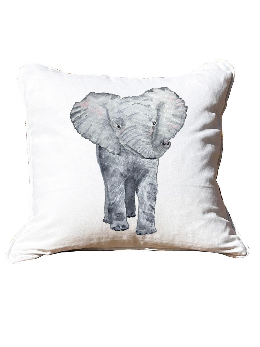 Elephant White Square Pillow with Piping