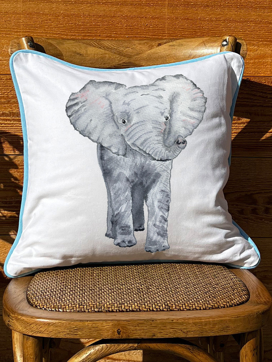 Elephant White Square Pillow with Piping