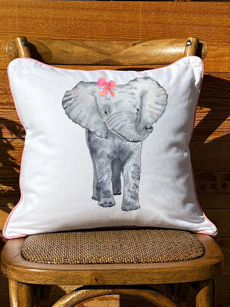 Elephant Girl White Square Pillow with Piping