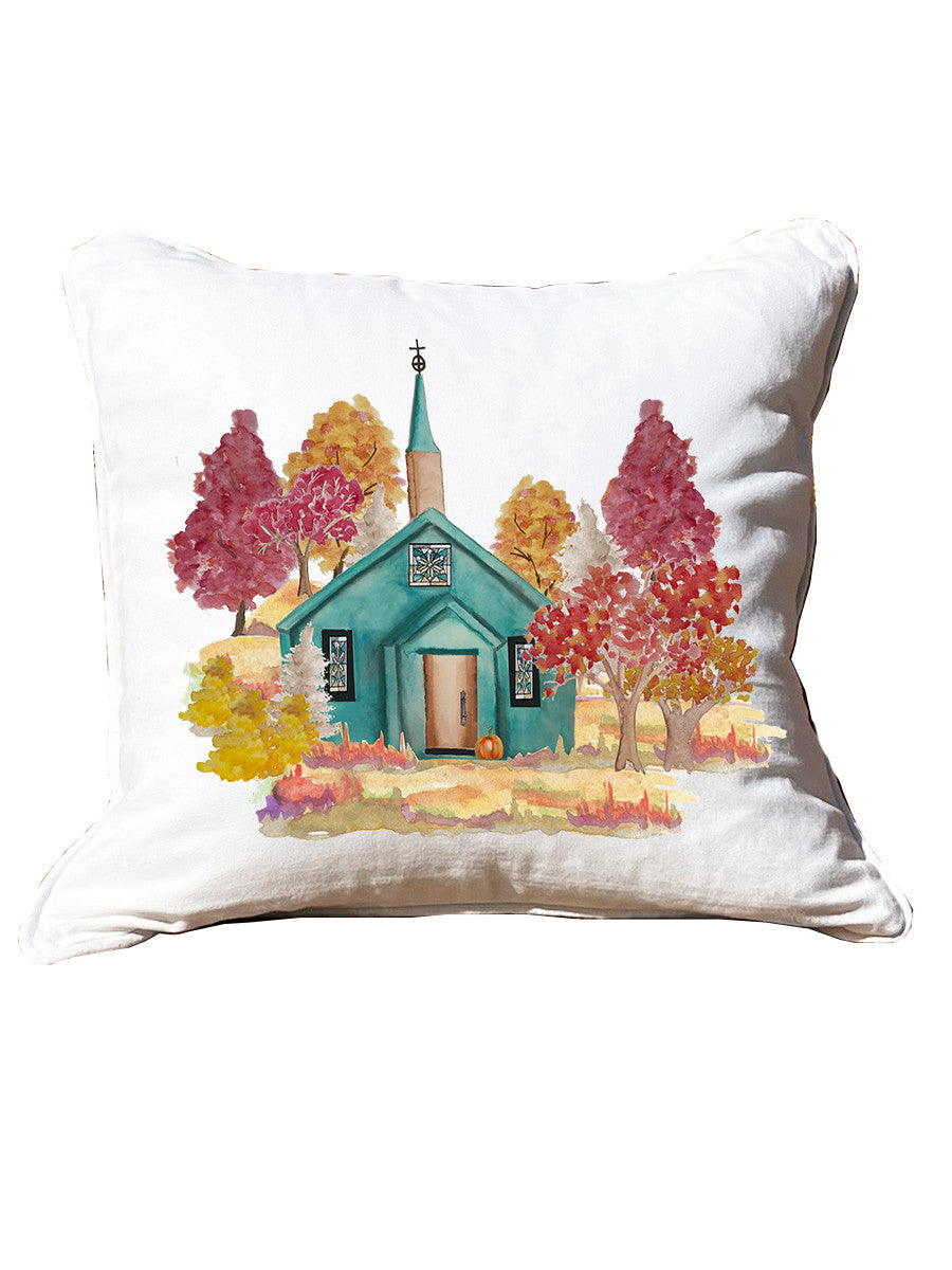 Fall Church White Square Pillow with Piping