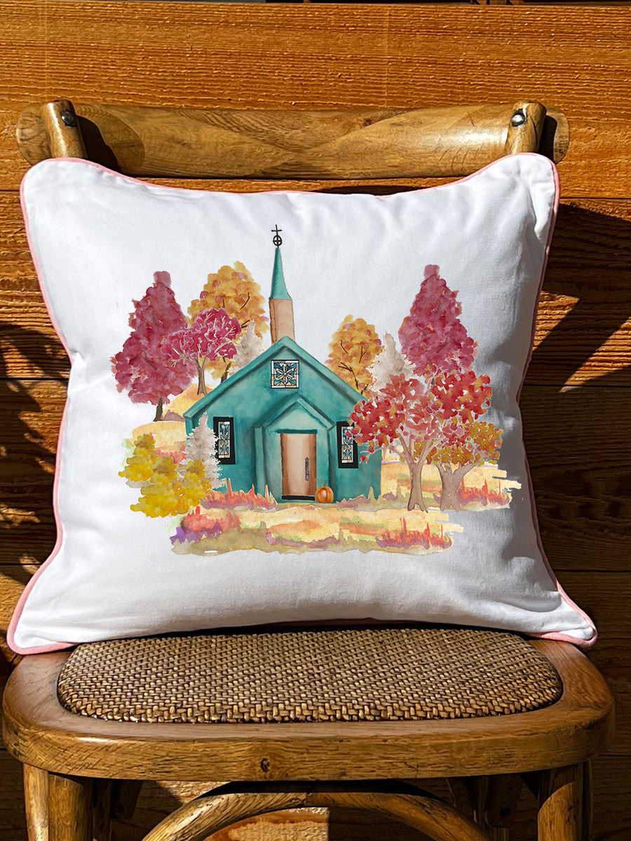 Fall Church White Square Pillow with Piping