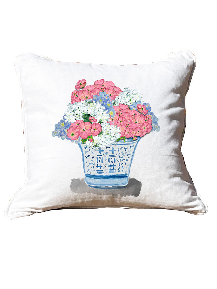 Flowers in Ginger Jar White Square Pillow with Piping