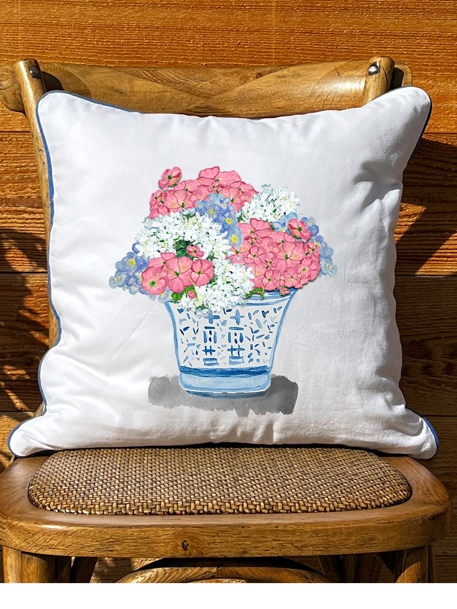 Flowers in Ginger Jar White Square Pillow with Piping