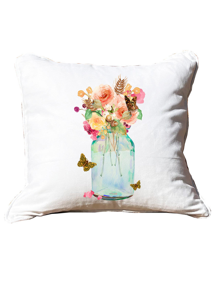 Fall Mason Jar White Square Pillow with Piping