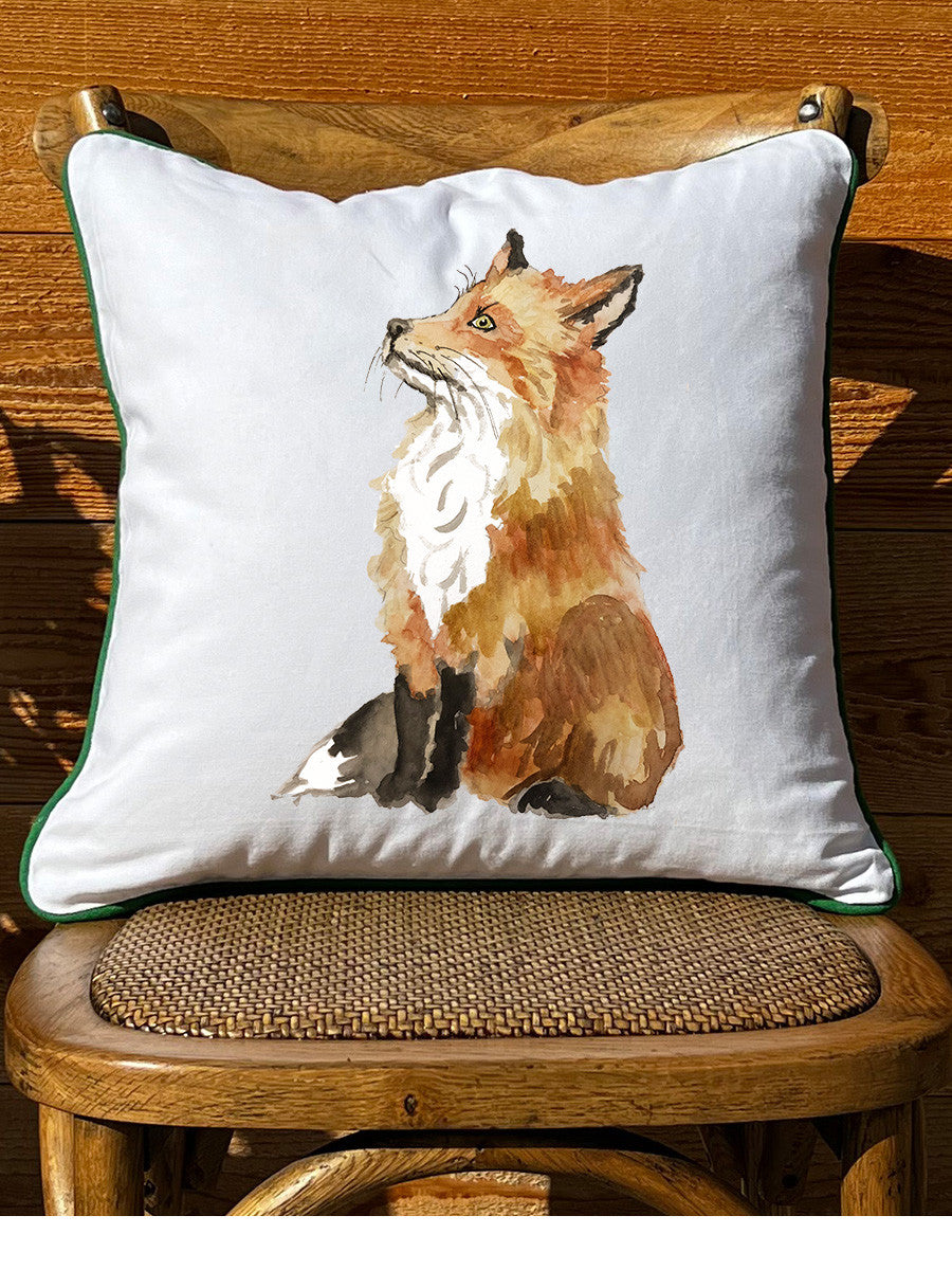 Sitting Fox White Square  Pillow with Piping