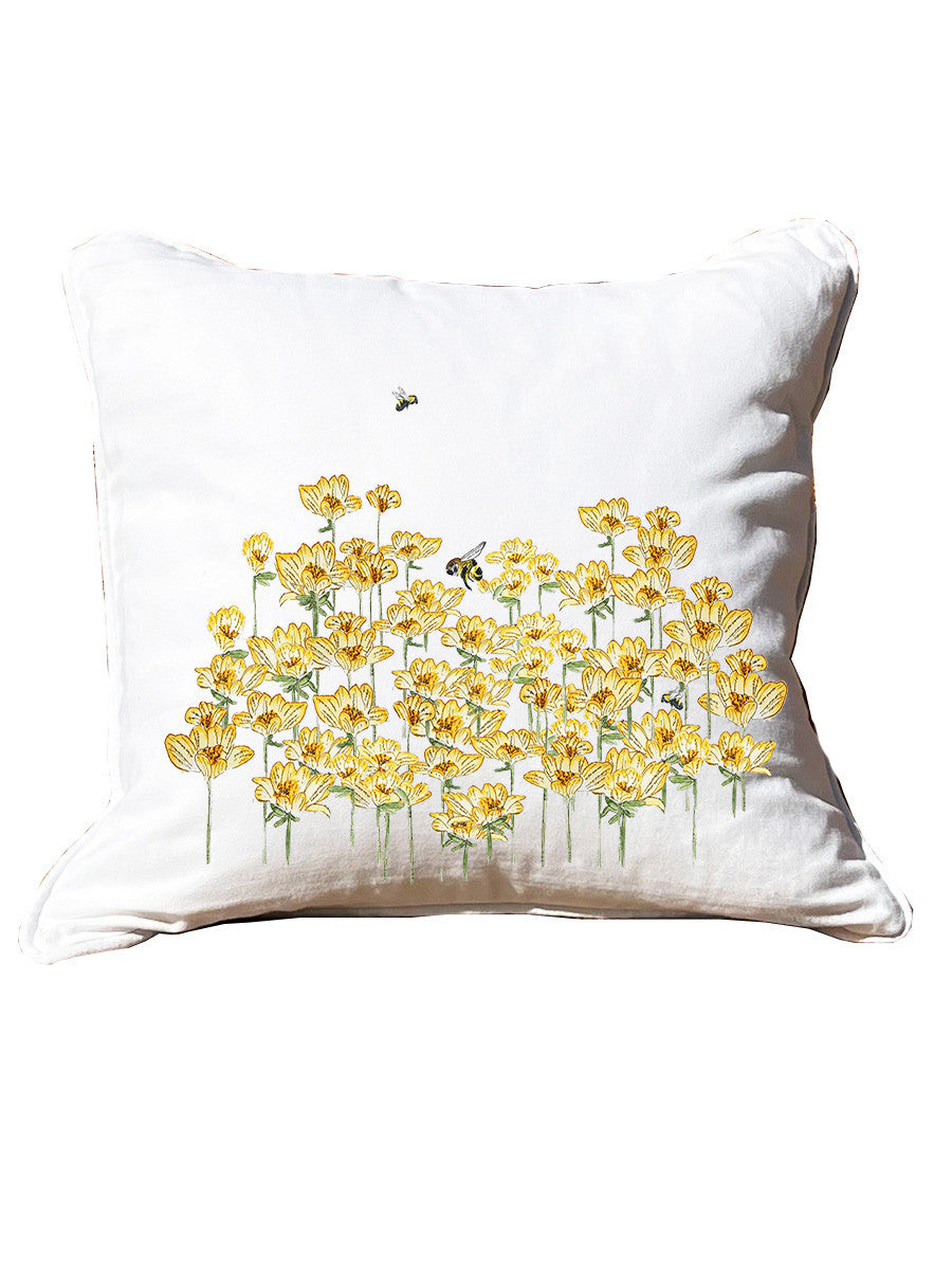 Yellow Flowers with Bee White Pillow with Piping