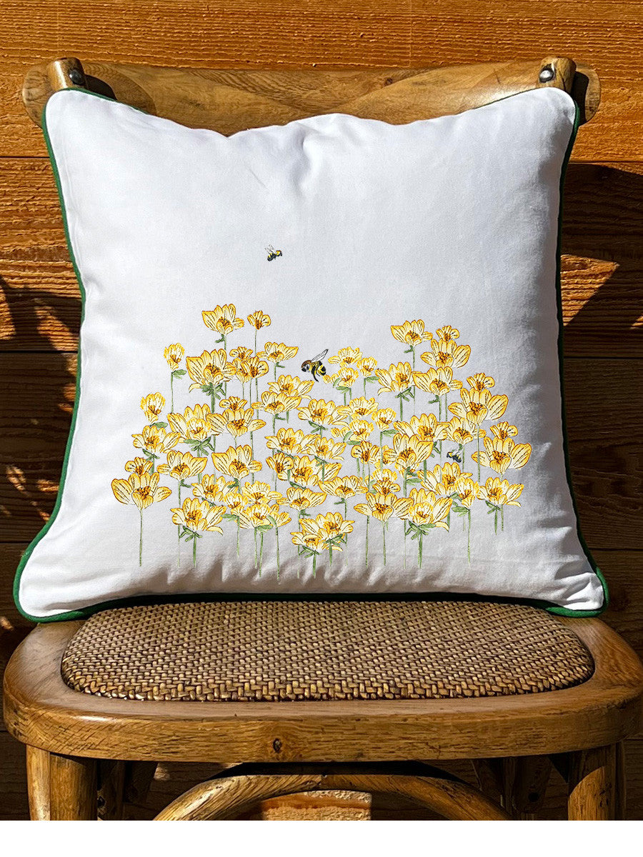 Yellow Flowers with Bee White Pillow with Piping