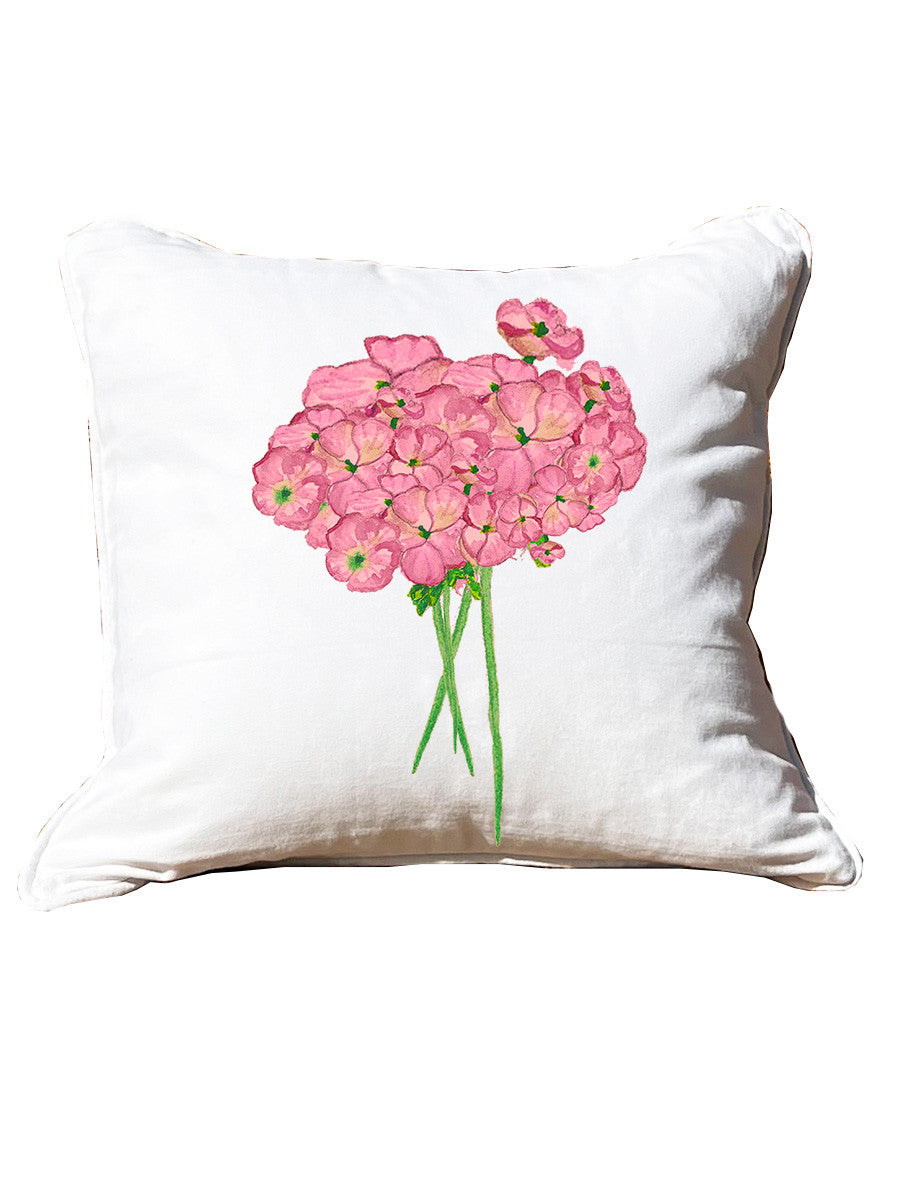 Geraniums White Square Pillow with Piping