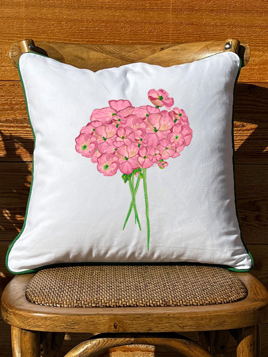 Geraniums White Square Pillow with Piping