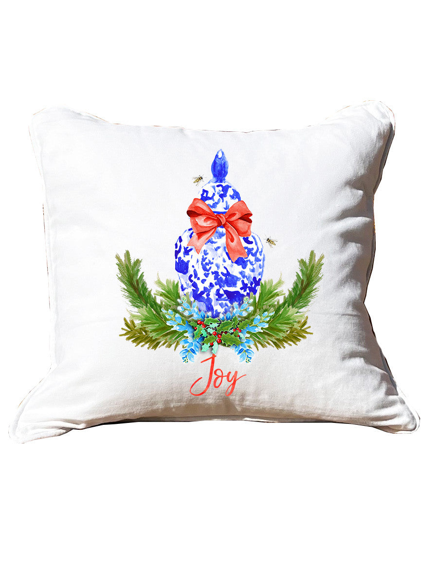 Joy Ginger Jar White Square Pillow with Piping