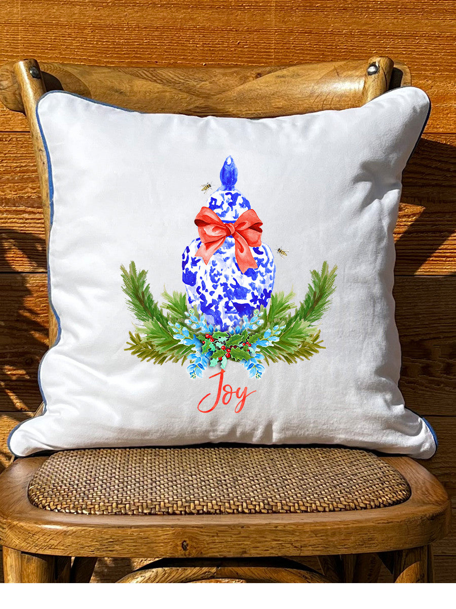 Joy Ginger Jar White Square Pillow with Piping